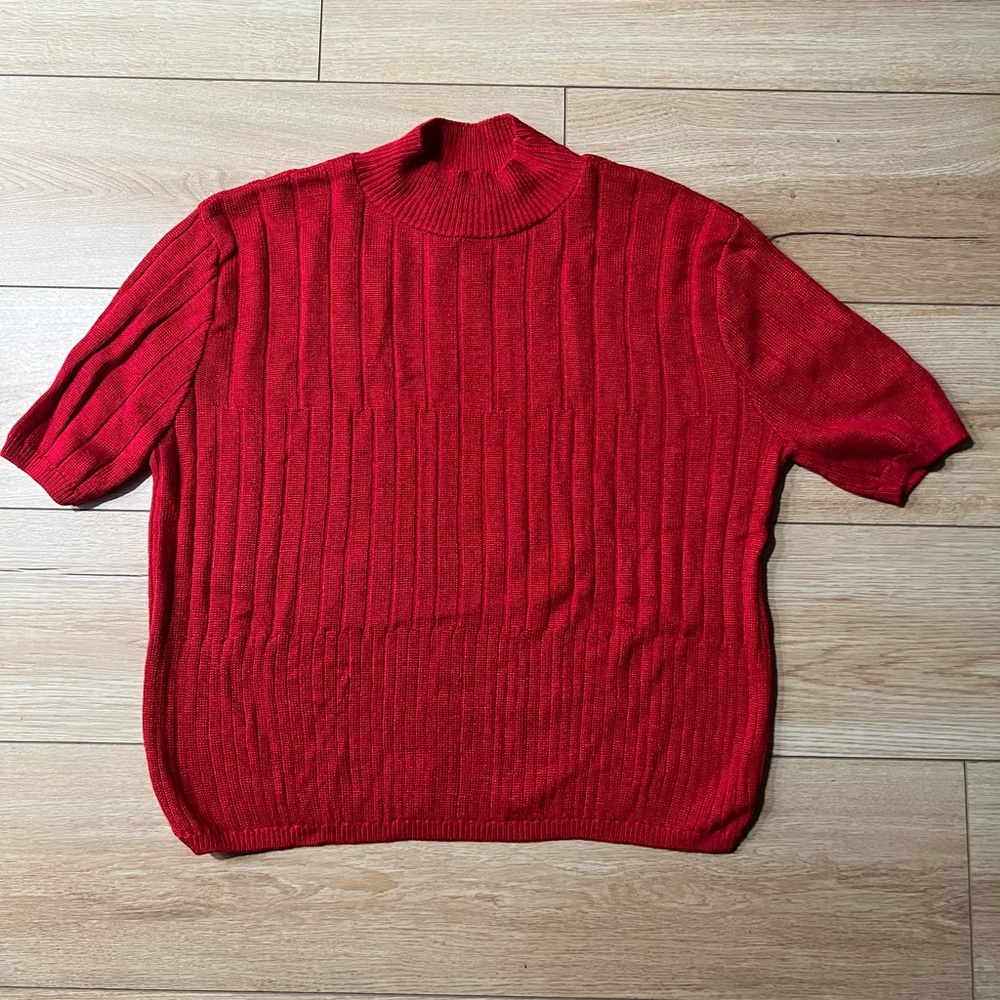 90s COTTON FOREVER Red Woven Short Sleeve Ribbed Turtleneck Pullover